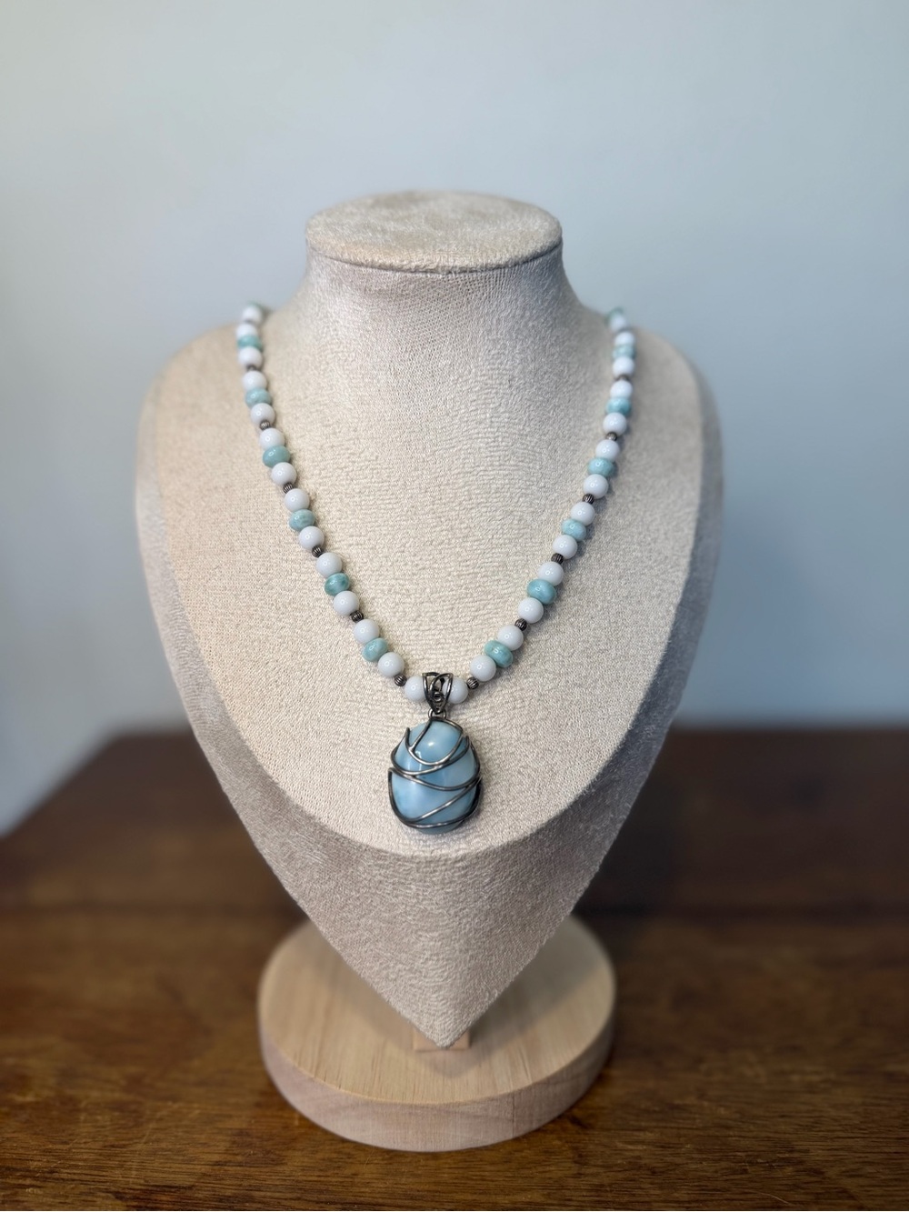 Handmade Caged Larimar Beaded Necklace - 925 Sterling Silver